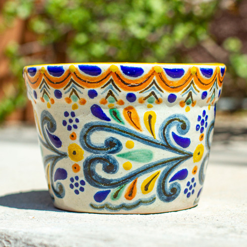 Multicolored Talavera-Style Flower Pot 'Puebla Celebration'