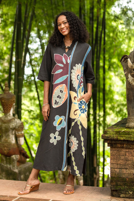 Batik Cotton Floral-Motif Shift Dress 'Relaxed Flora'