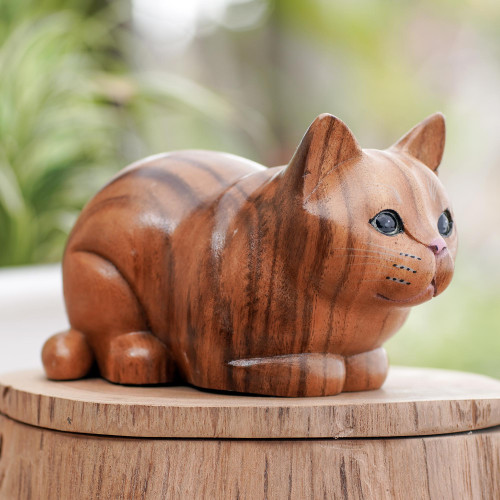 Hand Painted Suar Wood Cat Statuette 'Lazy Cat'