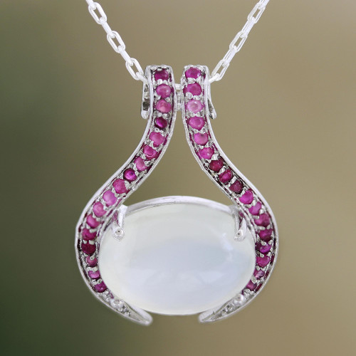 Hand Made Ruby and Moonstone Pendant Necklace 'Pink Sky'