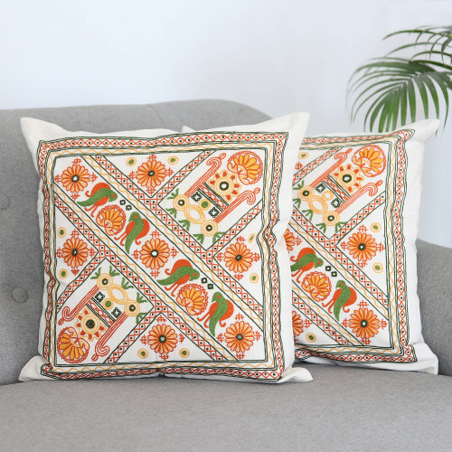 Embroidered Cotton Cushion Covers from India Pair 'Kaleidoscopic Palace'