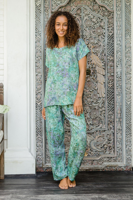 Hand-Stamped Pajama Set with Garden Motif 'Balinese Garden'