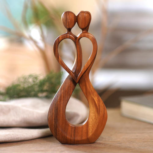 Hand Made Suar Wood Statuette from Bali 'Caring Partners'