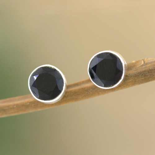 Black Onyx and Sterling Silver Stud Earrings from India 'Pitch Dark'