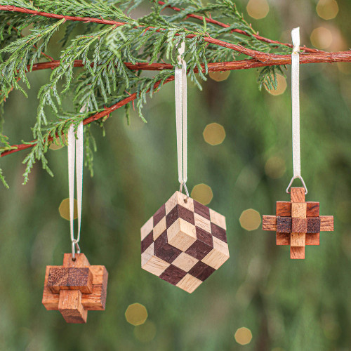 Small Wooden Puzzle Ornaments Set of 3 'Creative Christmas'