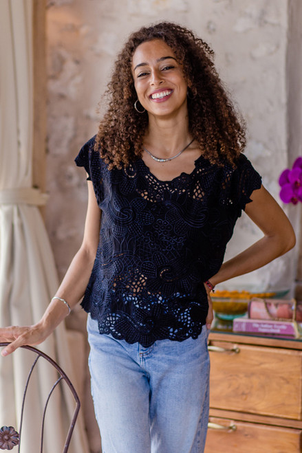 Hand-Embroidered Black Rayon Blouse with Floral Motif 'Night Bloom'