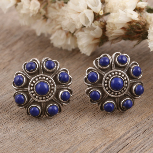 Lapis Lazuli and Sterling Silver Button Earrings 'Charming Truth'