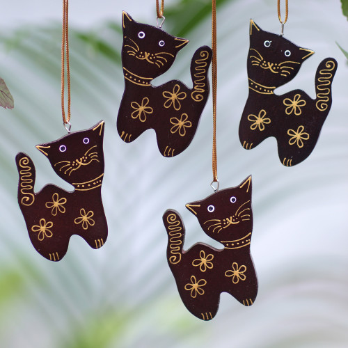 Set of 4 Mahogany Wood Cat Ornaments from Bali 'Sweet Felines'