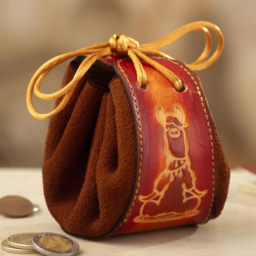 Brown Leather and Suede Llama Coin Purse with Tie Closure 'Frugal Llama'