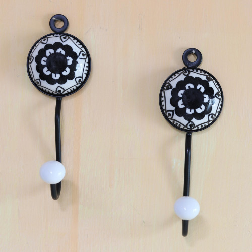 Painted Floral Ceramic Coat Hooks from India Pair 'Friendly Petals'