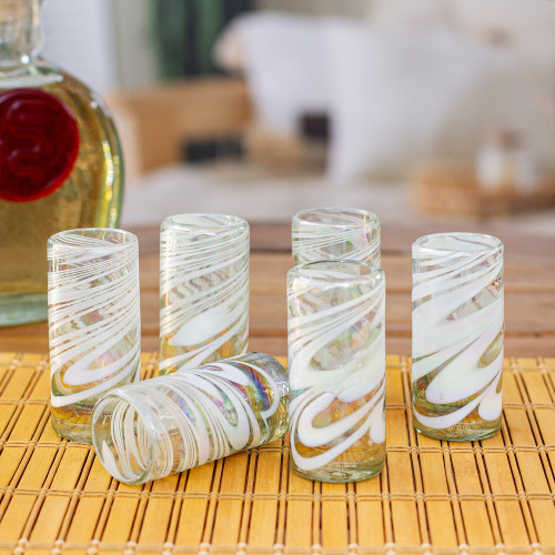 Set of 6 White Handblown Tequila Shot Glasses from Mexico 'Heavenly Joy'