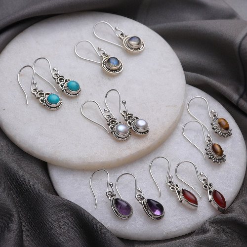 Set of 6 Sterling Silver Gemstone Dangle Earrings from India 'Everyday Gems'