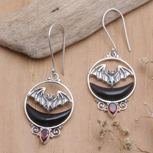 Bat  Moon Sterling Silver Dangle Earrings with Garnet Stone 'Black Crescent Moon'