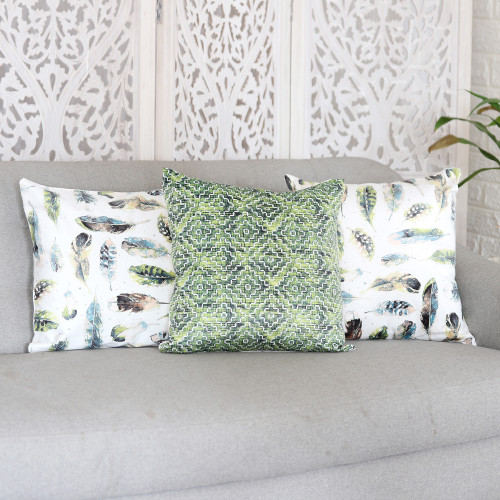 Set of 3 Printed Feather and Geometric Cushion Covers 'Feather Glory'