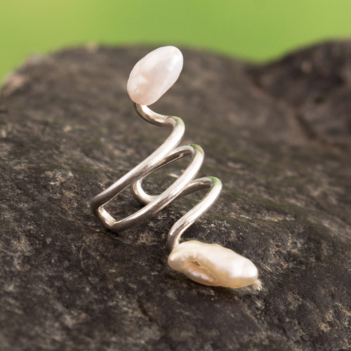 Polished Sterling Silver Ear Cuff with Cultured Pearls 'Marine Spirals'