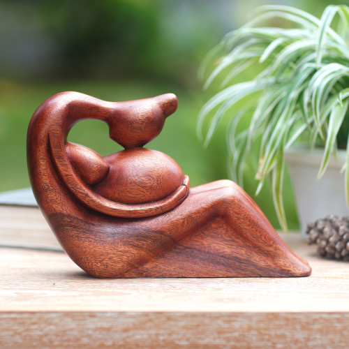 Hand-Carved Suar Wood Sculpture of Pregnant Woman 'Belly Kiss'