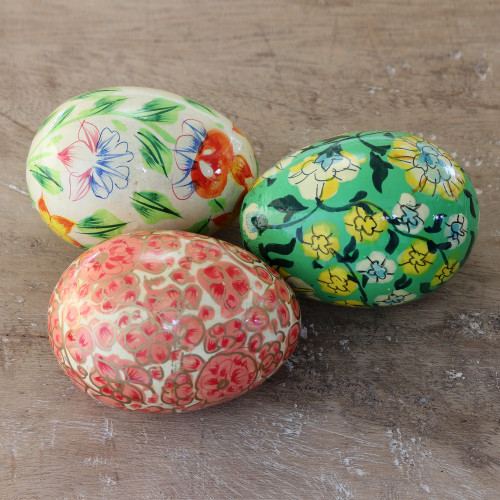 Set of Three Kashmir-Themed Papier Mache Eggs from India 'Easter in Kashmir'