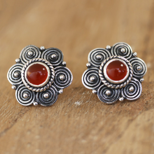 Sterling Silver Floral Drop Earrings with Carnelian Stone 'Smell The Flowers'