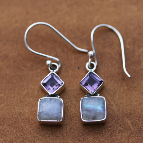 Silver Dangle Earrings with Rainbow Moonstones and Amethysts 'Misty Harmony'