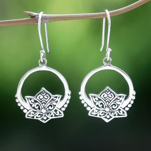 Lotus-Themed Sterling Silver Dangle Earrings Made in Bali 'Lotus Pond'