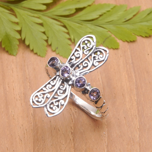 Sterling Silver Dragonfly Cocktail Ring with Amethyst Stones 'Purple Dragonfly'