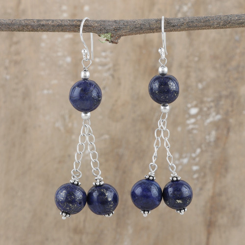 Sterling Silver Dangle Earrings with Lapis Lazuli Beads 'Dancing Intellect'