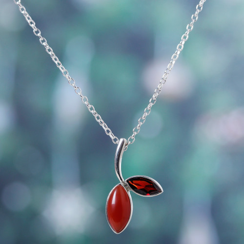 Leafy Pendant Necklace with Carnelian and Garnet Jewels 'Romance Leaf'
