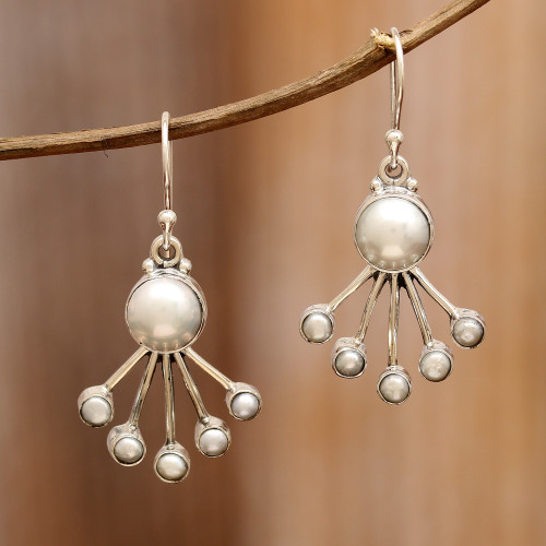 Modern Sterling Silver Dangle Earrings with Cream Pearls 'Sea Crown'