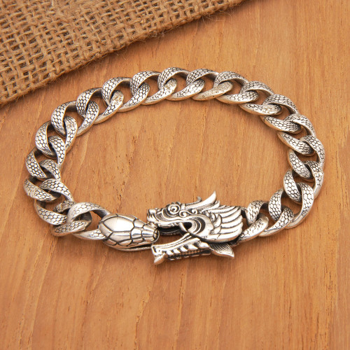 Men's Sterling Silver Link Bracelet of Dragon and Snake 'Dragon and Snake'