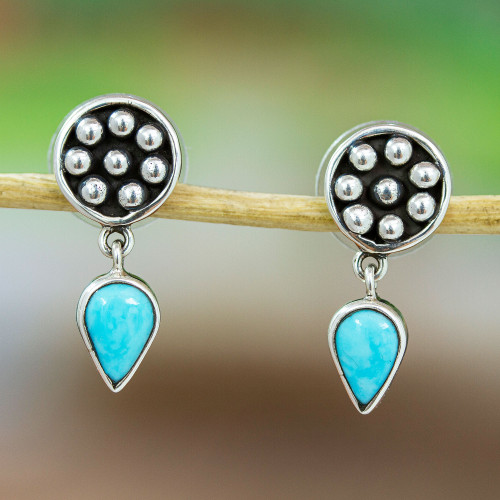 Sterling Silver Dangle Earrings with Natural Turquoise Gems 'Hope Orbs'