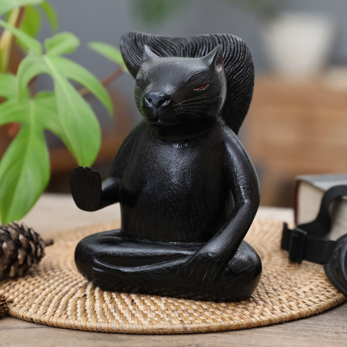 Hand-Carved Wood Sculpture of Meditating Squirrel in Black 'Blessing Squirrel in Black'