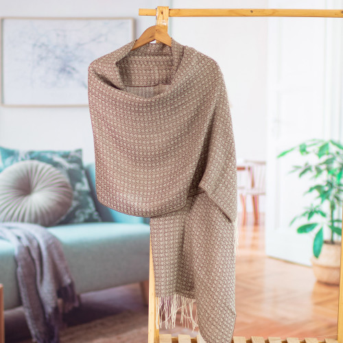Handwoven Patterned Alpaca Blend Shawl in Sepia and Ivory 'Sepia Beauty'