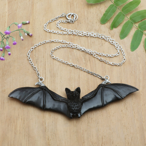 Handcrafted Bat-Themed Sterling Silver Pendant Necklace 'King of the Night'