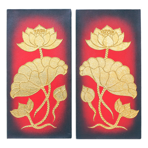 Acrylic and Foil Thai Folk Art Diptych with Lotus Motif 'Lotus Leaf'