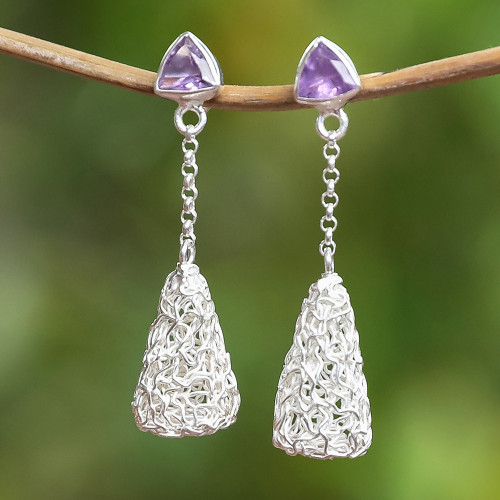 Modern Sterling Silver Dangle Earrings with Amethyst Gems 'Nest of Wisdom'