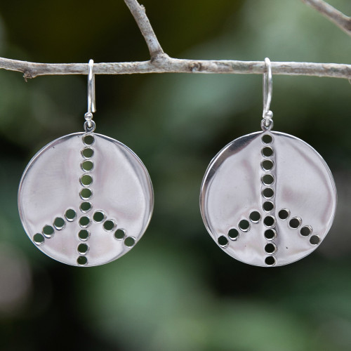 Peace-Themed Round Sterling Silver Dangle Earrings 'Peace Points'