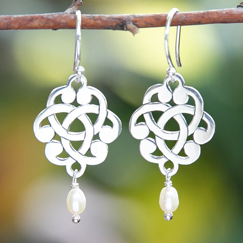 Celtic Sterling Silver Dangle Earrings with Cultured Pearls 'Triquetra Blooms'