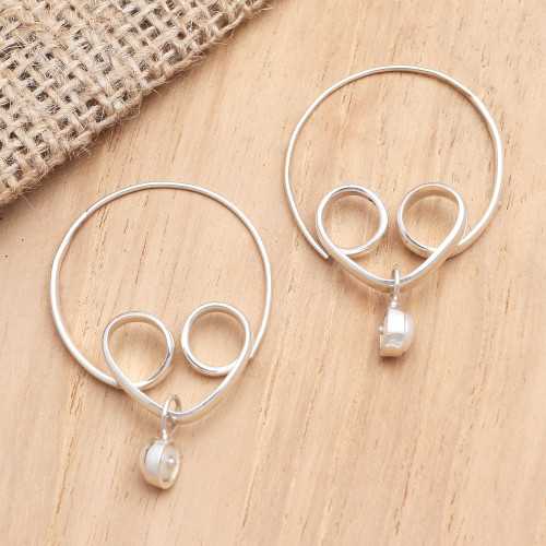 Sterling Silver and Cultured Pearl Hoop Earrings 'Love Ocean'