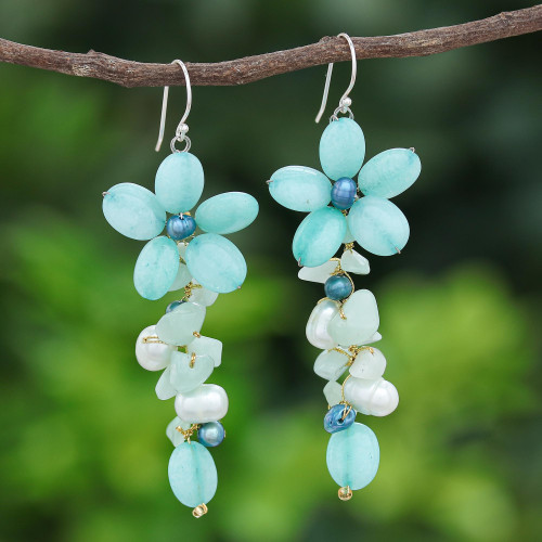 Amazonite and Cultured Pearl Floral Earrings 'Petal Passion in Seafoam'