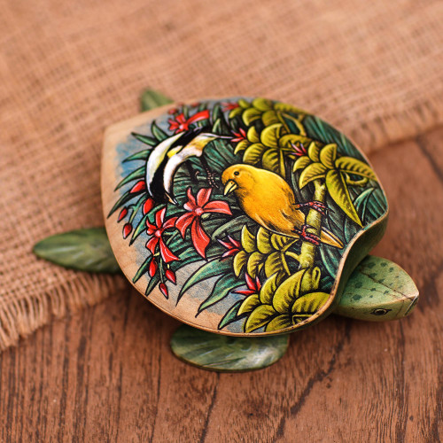 Hand-Painted Crocodile Wood Turtle Jewelry Box 'Forest Turtle'