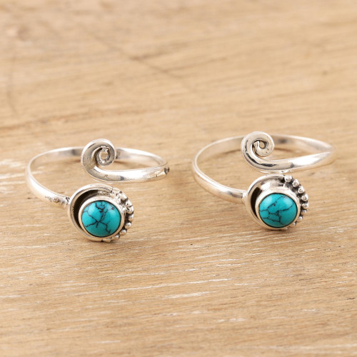 Indian Sterling Silver Toe Rings Pair 'Gemstone Spiral in Turquoise'