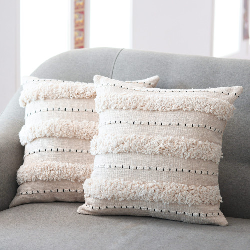 Embroidered Ivory Cotton Cushion Covers Pair 'Ivory Tufts'