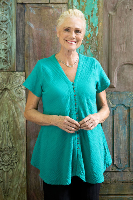 Cotton V-Neck Blouse with Coconut Shell Buttons 'Sea Green Flair'
