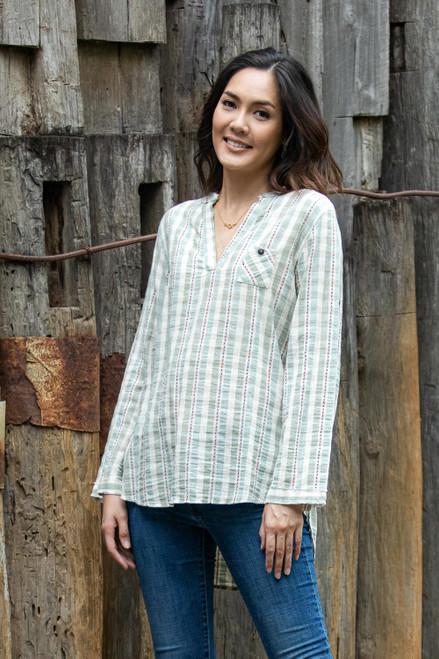 Green Striped Cotton Blouse 'Mae Ping Breeze'