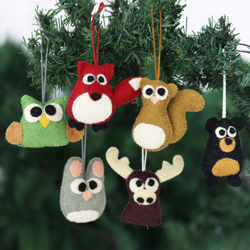 Handcrafted Wool Ornaments set of 6 'Woodland Friends'