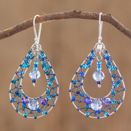 Double Drop Dangle Earrings With Blue Crystals and Filigree 'Celeste Sparkle'