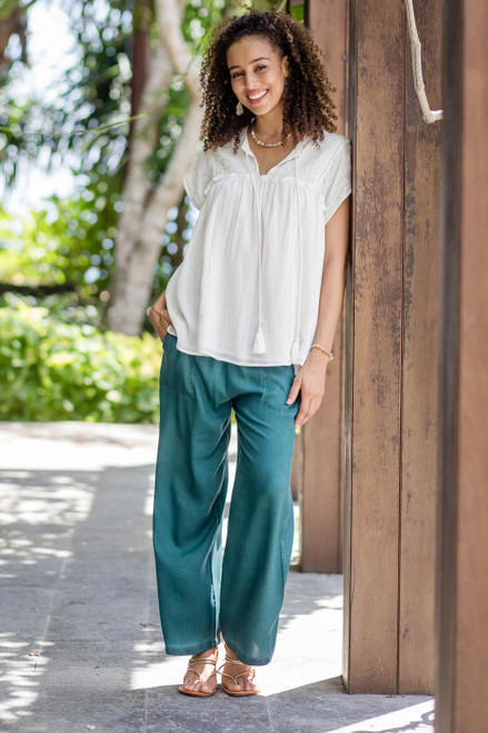 Green Viscose Twill Pants from India 'Simple Style in Green'