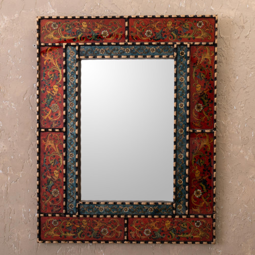 Red Reverse Painted Glass Framed Wall Mirror from Peru 'Russet Peruvian Elegance'