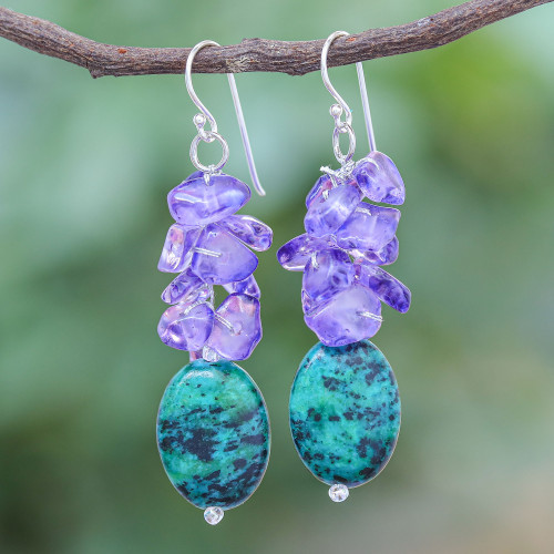 Serpentine and Purple Glass Bead Dangle Earrings 'Forest Glade'