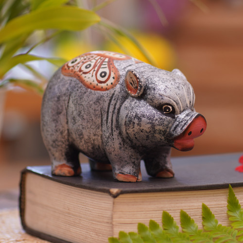 Hand Carved Suar Wood Pig Statuette 'Chubby Swine'